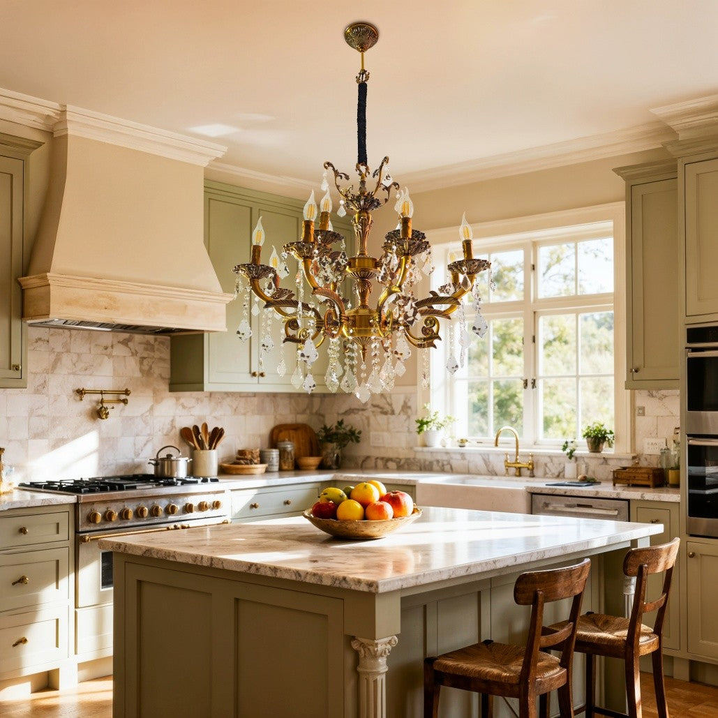 Maison Ornate's Gold Multi-Arm Crystal Chandelier in elegant modern style, sparkling with sunlight.