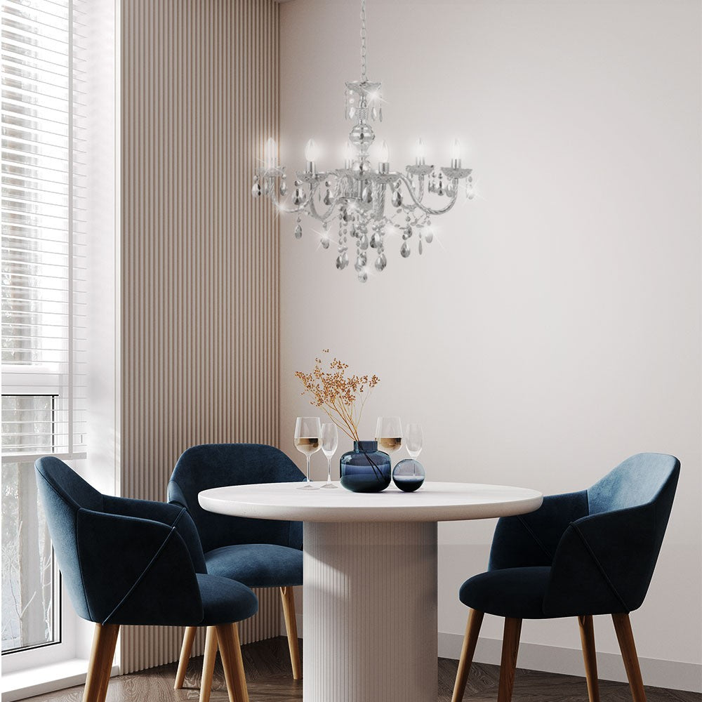 Maison Ornate LED Crystal Chandelier in chrome with remote, elegant crystals and sleek modern design.