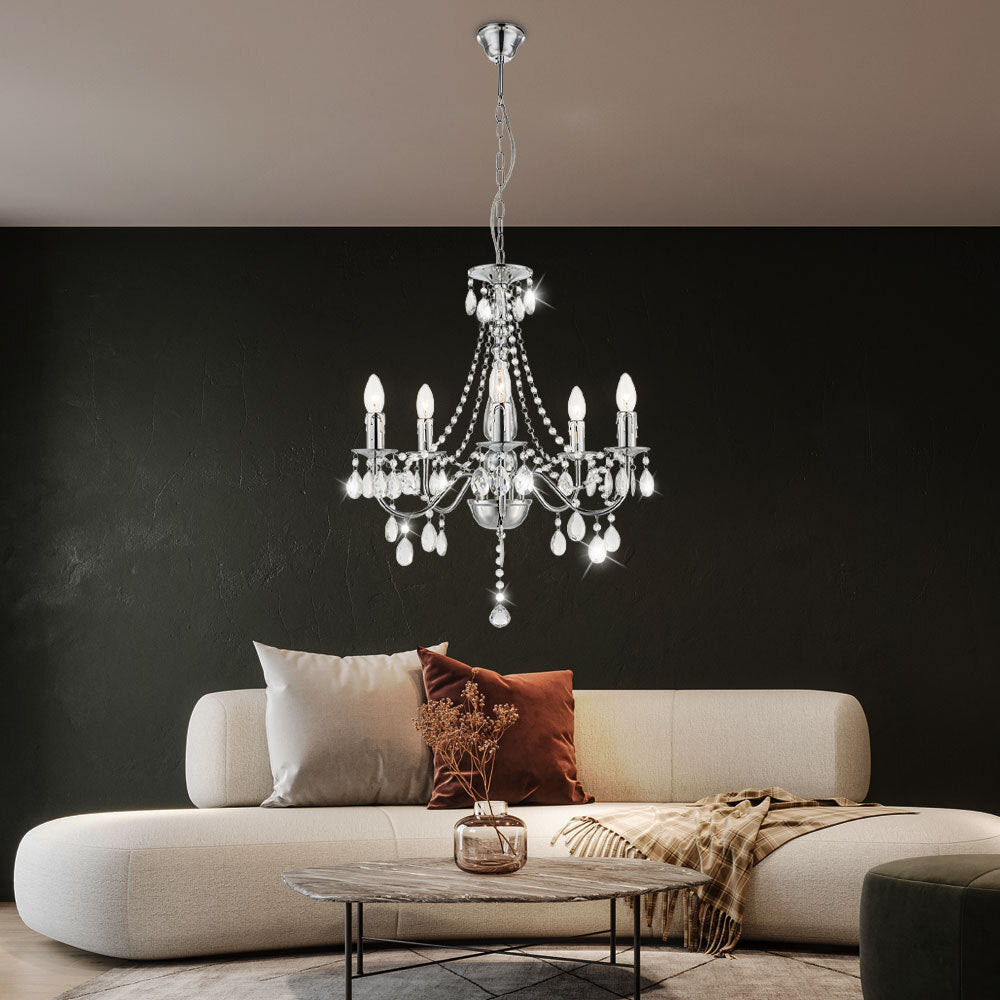 The Elegant 5-Branch Crystal Chrome Chandelier by Maison Ornate with sparkling crystal accents.