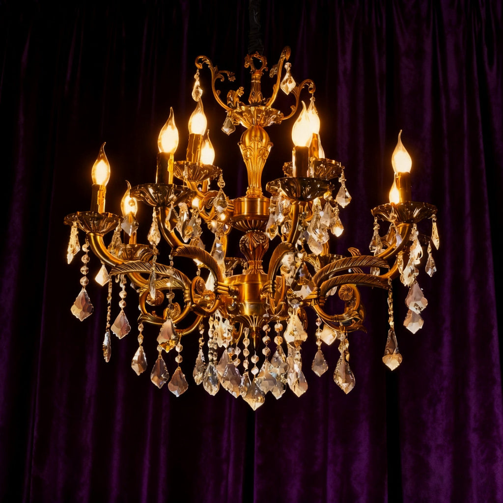 Maison Ornate Modern K9 Crystal Bedroom Chandelier with gold accents, candle bulbs, and crystal ornaments.