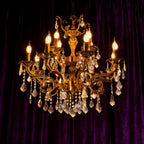 Maison Ornate Modern K9 Crystal Bedroom Chandelier with gold accents, candle bulbs, and crystal ornaments.