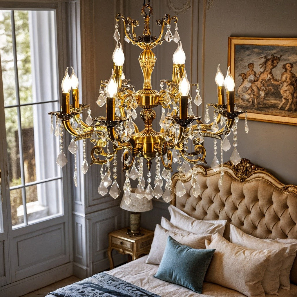 The Maison Ornate Modern K9 Crystal Bedroom Chandelier with sparkling crystals and elegant gold accents.