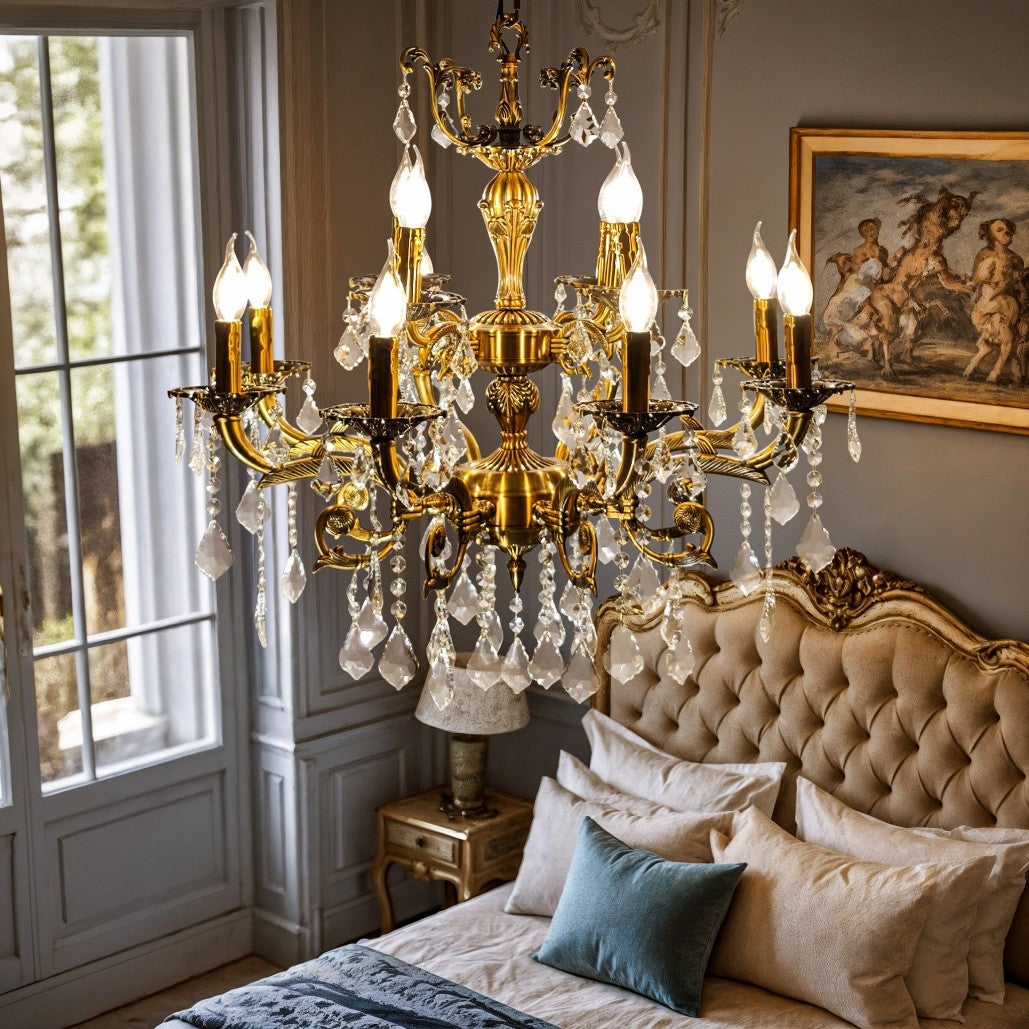 The Maison Ornate Modern K9 Crystal Bedroom Chandelier with sparkling crystals and elegant gold accents.