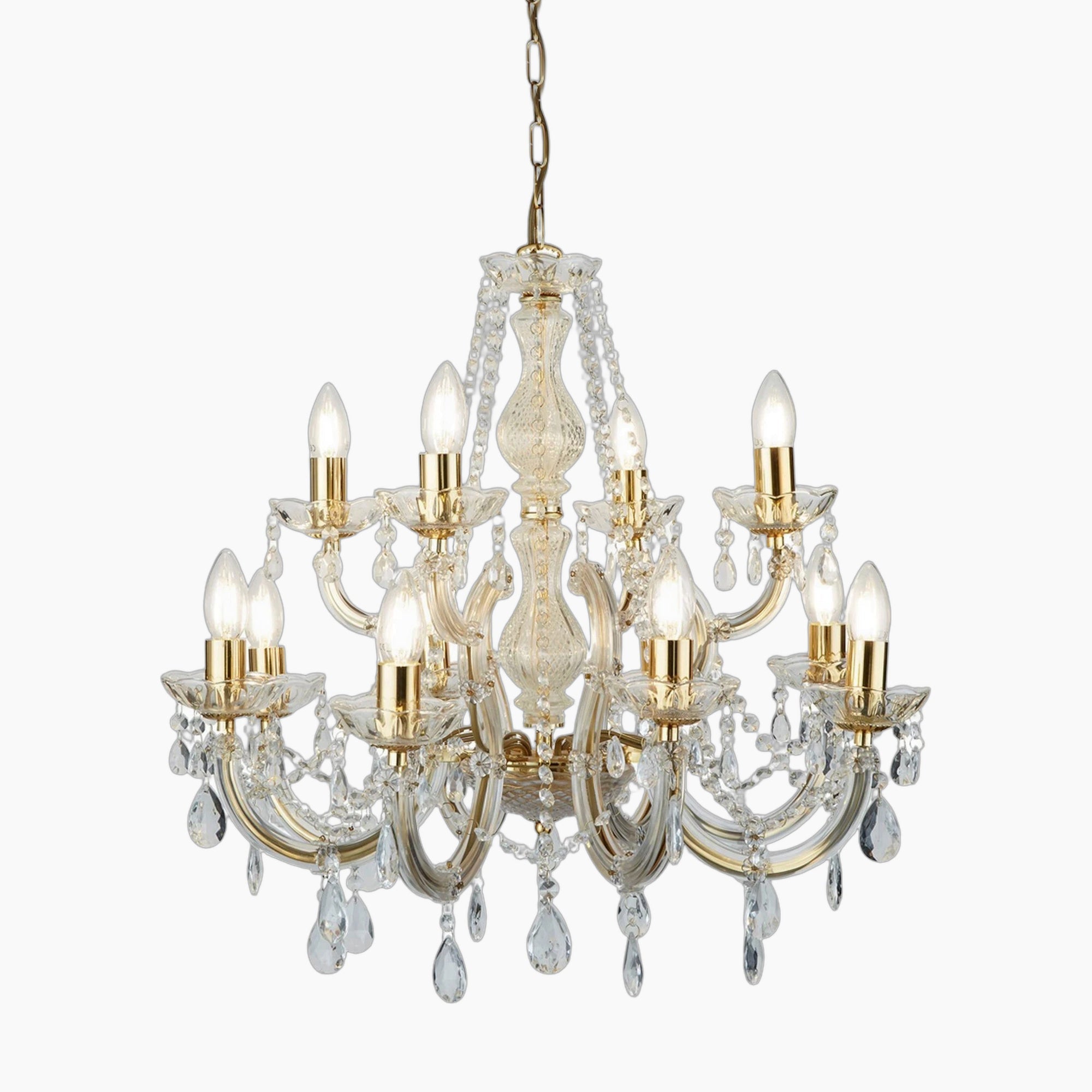 Art Deco chandelier with twisted brass arms, twelve candle bulbs, clear glass and crystal accents.