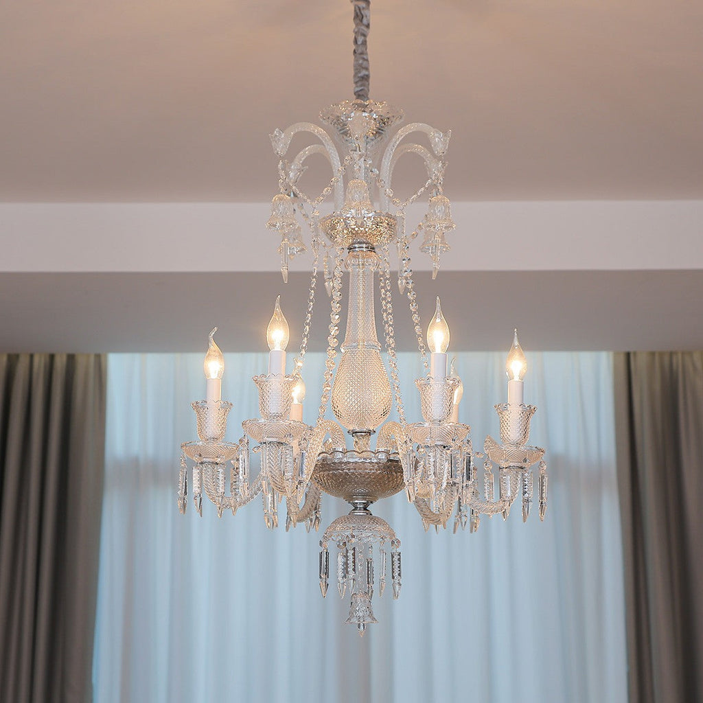 Maison Ornate Crystal Chandelier with six transparent arms and E14 bulbs, intricate glass details.