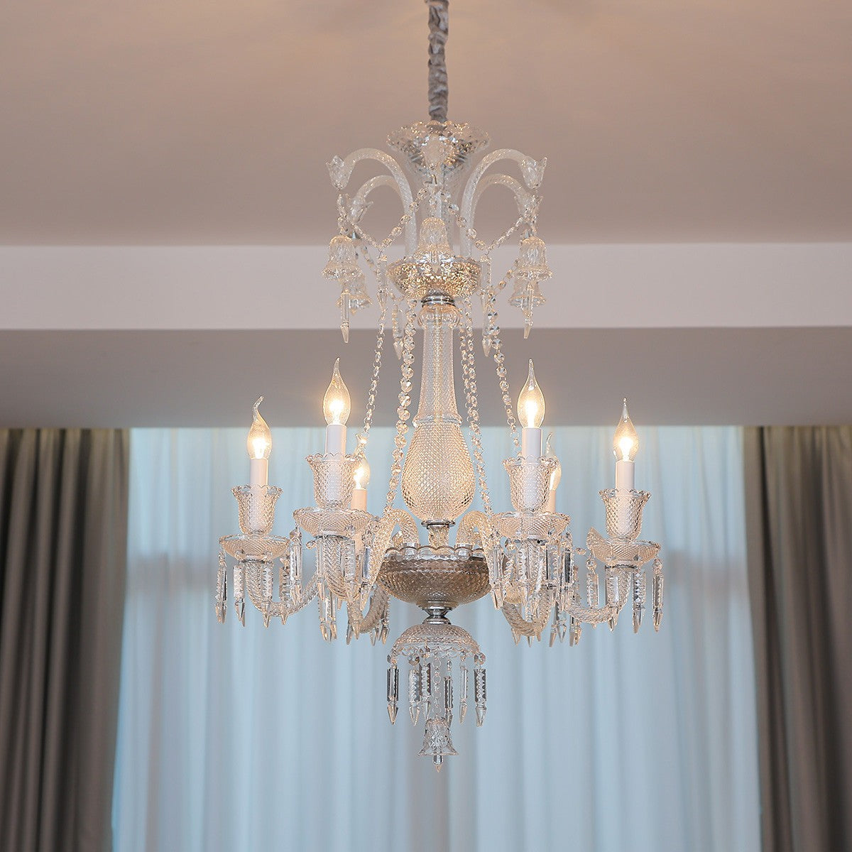 Maison Ornate Crystal Chandelier with six transparent arms and E14 bulbs, intricate glass details.