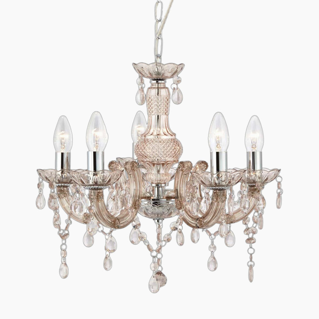 Maison Ornate Art Deco Crystal Chandelier with 5 candle lights, chrome finish, curved arms, acrylic droplets.