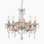 Maison Ornate Art Deco Crystal Chandelier with 5 candle lights, chrome finish, curved arms, acrylic droplets.