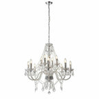 Modern crystal chandelier with 12 candle-style lights, chrome arms, acrylic crystals, and adjustable height.