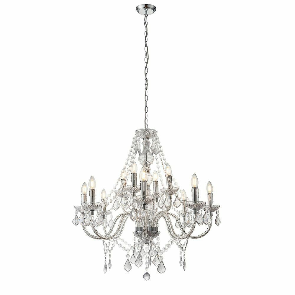 Modern crystal chandelier with 12 candle-style lights, chrome arms, acrylic crystals, and adjustable height.