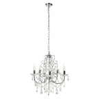 Five-arm polished chrome chandelier with candle-style bulbs and crystals, suspended by a chain.