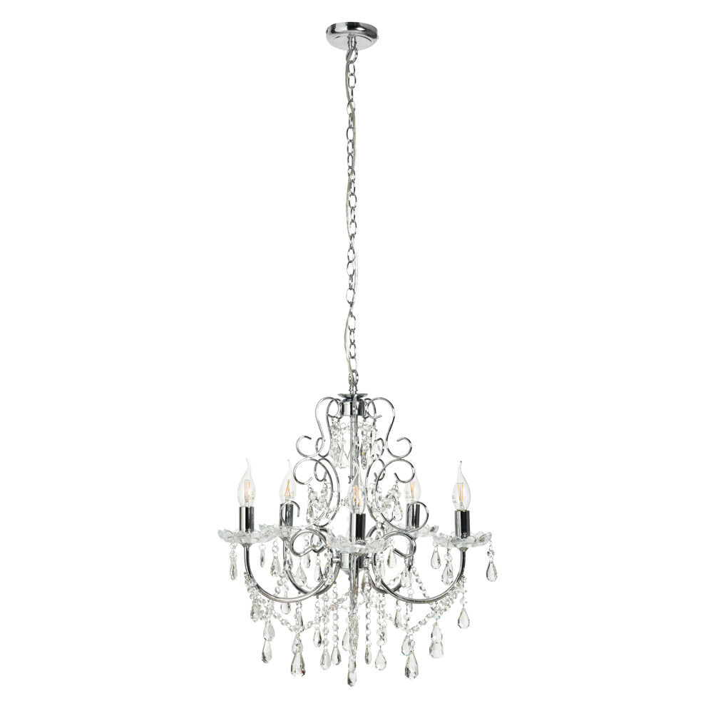 Five-arm polished chrome chandelier with candle-style bulbs and crystals, suspended by a chain.