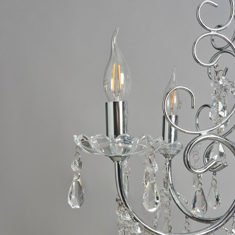 Maison Ornate Antique Crystal Chandelier with chrome arm, candle LED bulb, and crystal pendants.