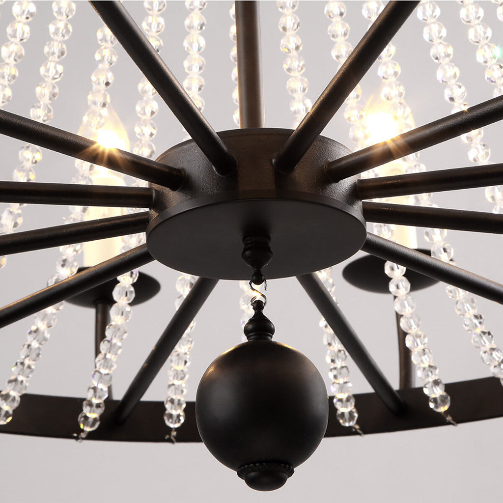 Maison Ornate K9 Crystal Grand Chandelier with black circular frame, radiating spokes, and hanging crystal beads.