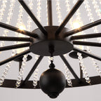 Maison Ornate K9 Crystal Grand Chandelier with black circular frame, radiating spokes, and hanging crystal beads.