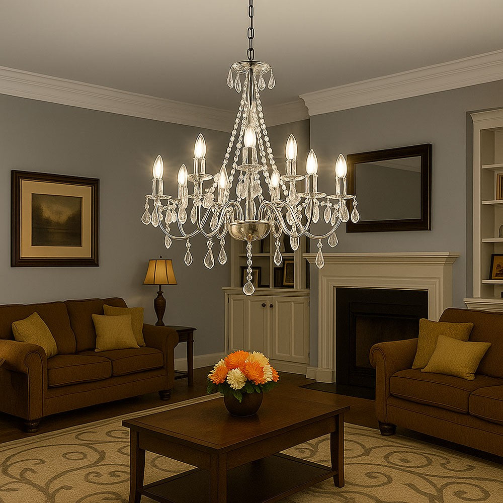 Maison Ornate Nine-Light Crystal Chandelier with chrome finish, elegant crystal arms and hanging pendants.