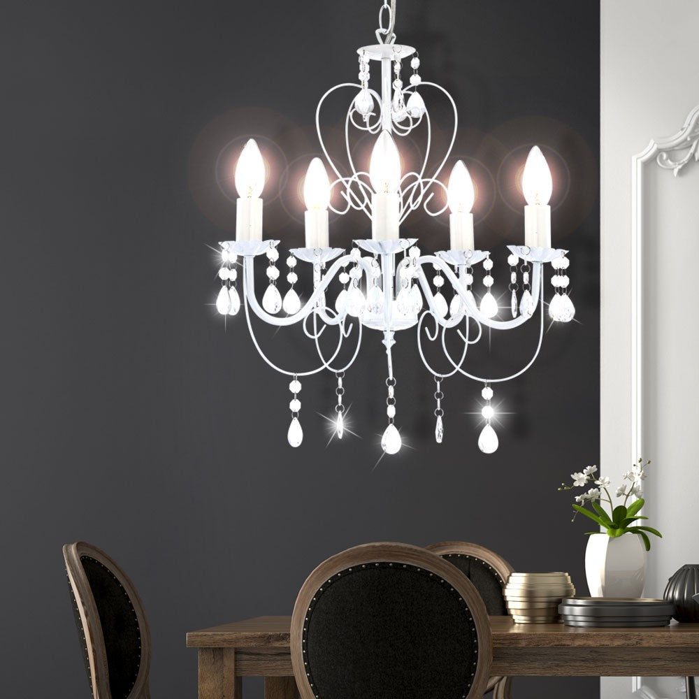 The Maison Ornate Crystal Chandelier features five E14 candle bulbs and elegant hanging crystals.