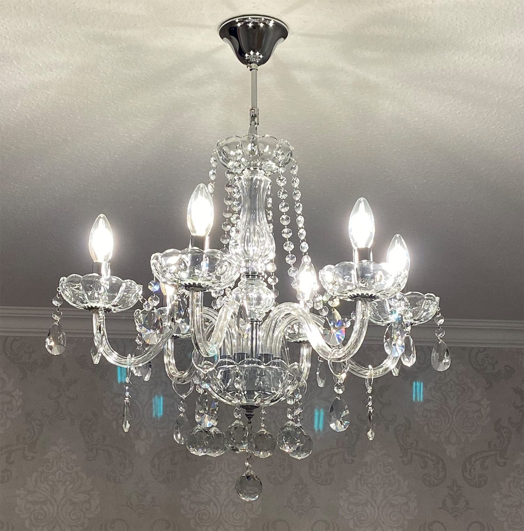 Maison Ornate Crystal Chandelier with chrome frame, five candle lights, glass arms, and K9 crystal accents.