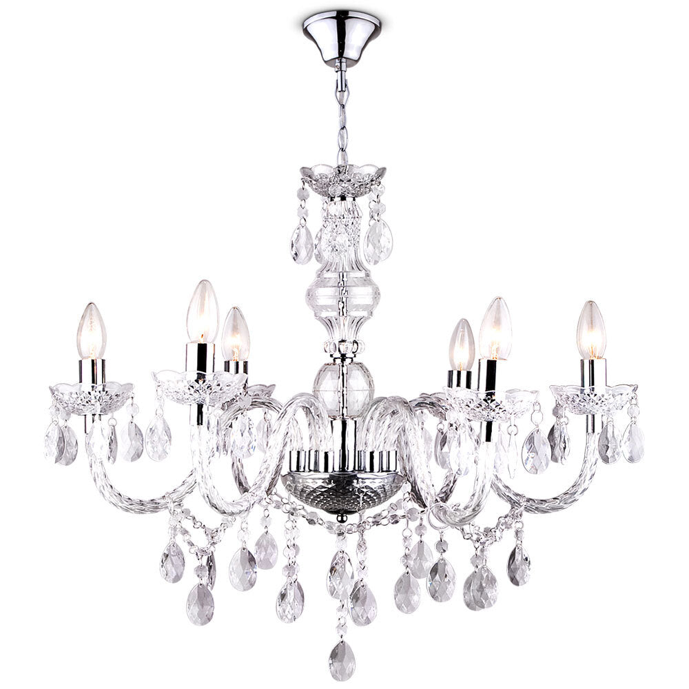 Maison Ornate Crystal Chandelier with six E14 candle lights, glass arms, crystal tassels, chrome frame.
