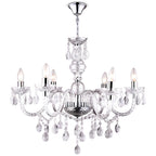 Maison Ornate Crystal Chandelier with six E14 candle lights, glass arms, crystal tassels, chrome frame.