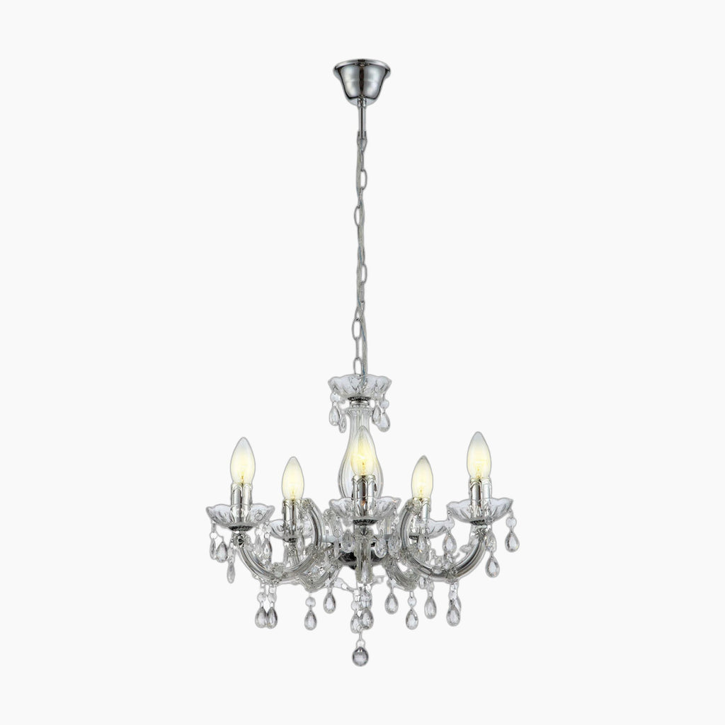 Chrome chandelier with five candle-style bulbs, curved arms, and sparkling crystal accents for elegance.