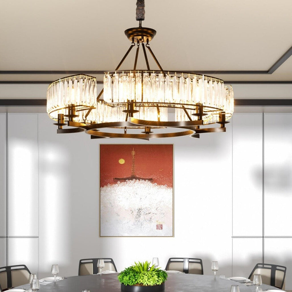 Maison Ornate Black Metal Multi-Pendant Crystal Industrial Chandelier with cascading lights and modern crystal accents.