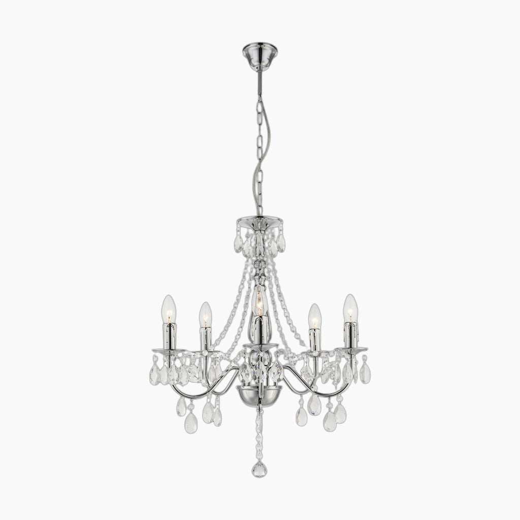 Maison Ornate Elegant 5-Branch Chandelier with crystal droplets, chrome finish, and ceiling-mount chain. E14 bulbs required.
