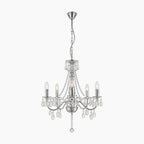 Maison Ornate Elegant 5-Branch Chandelier with crystal droplets, chrome finish, and ceiling-mount chain. E14 bulbs required.