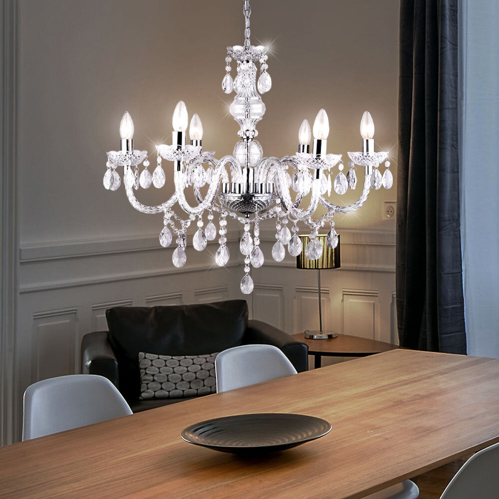 Maison Ornate Crystal Dining Room Chandelier with clear tassels and chrome frame, modern elegance.