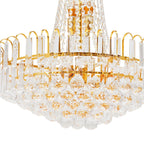 Close-up of Empire-style gold tassel crystal chandelier with circular prisms and droplets.