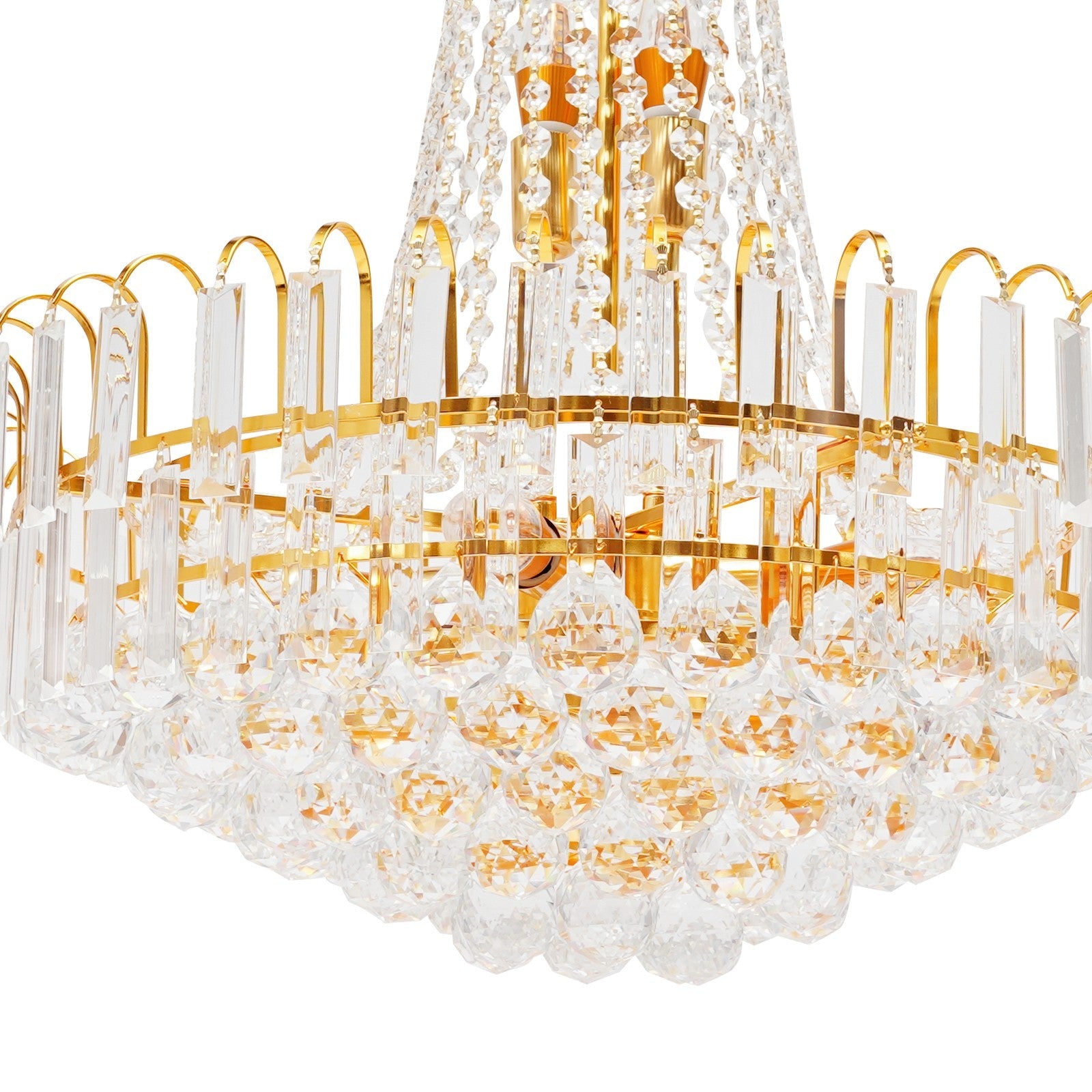 Close-up of Empire-style gold tassel crystal chandelier with circular prisms and droplets.