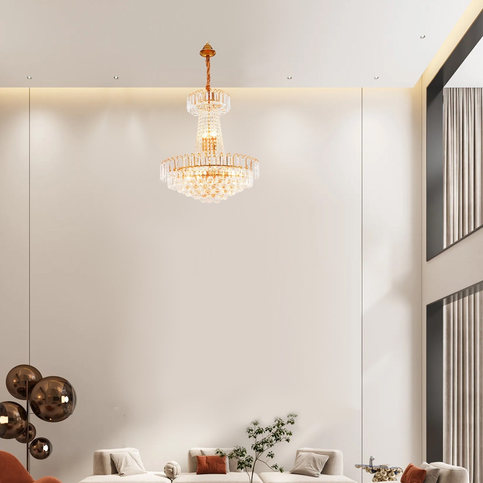 Maison Ornate Empire Style Gold Tassel Crystal Chandelier, elegant gold finish with sparkling crystals.