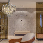 Maison Ornate's Dimmable LED Industrial Crystal Chrome Metal Lustre chandelier, sleek modern crystal fixture.