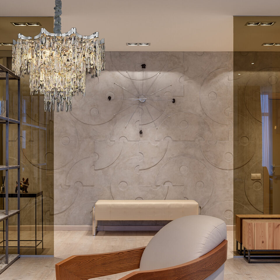 Maison Ornate's Dimmable LED Industrial Crystal Chrome Metal Lustre chandelier, sleek modern crystal fixture.