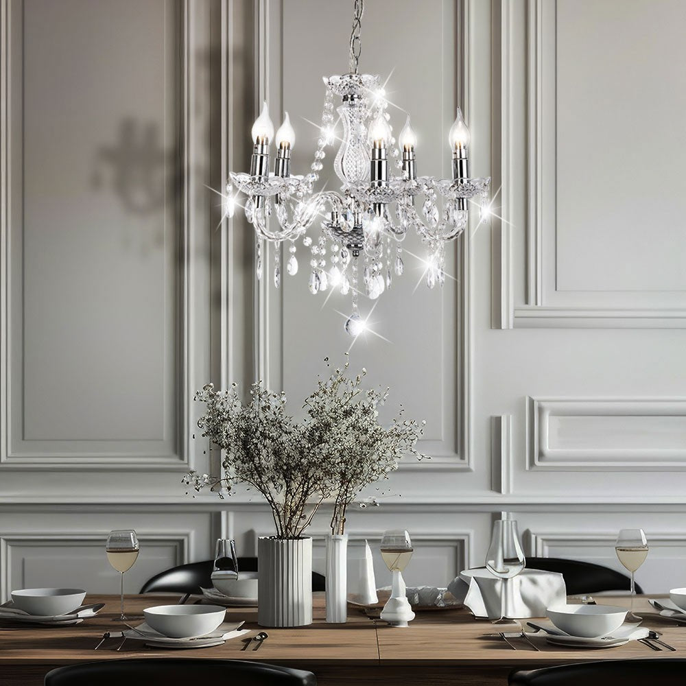 Maison Ornate Elegant 5-branch Chrome Crystal Dining Room Chandelier with sparkling crystal details.