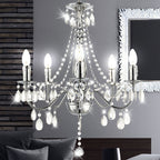 Maison Ornate Crystal Chandelier with chrome finish, sparkling accents, and five candle-style bulbs.