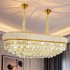 Empire style gold crystal chandelier with glass pendants, dual gold chains, and E14 bulb compatibility.