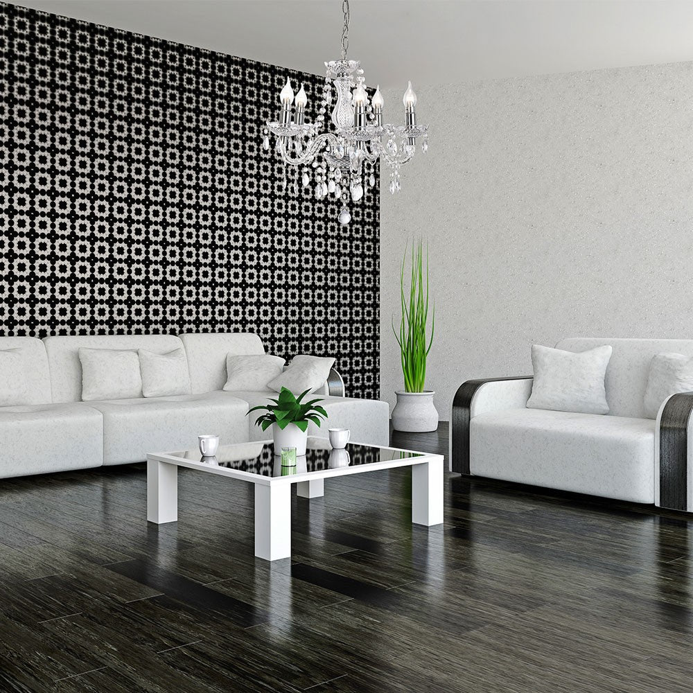 Maison Ornate’s Elegant 5-branch Chrome Crystal Dining Room Chandelier hanging in the living room.