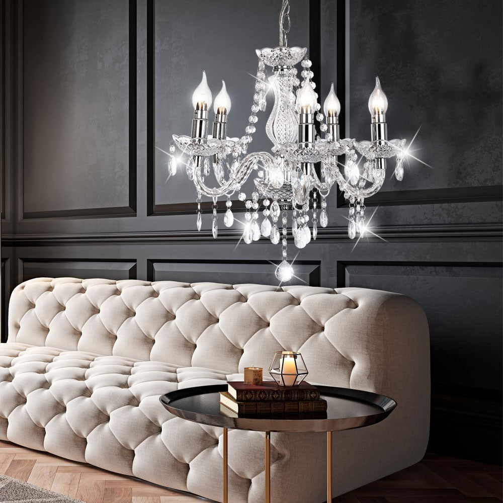 Maison Ornate Elegant 5-branch Chrome Crystal Chandelier featuring crystal accents and a polished chrome finish.