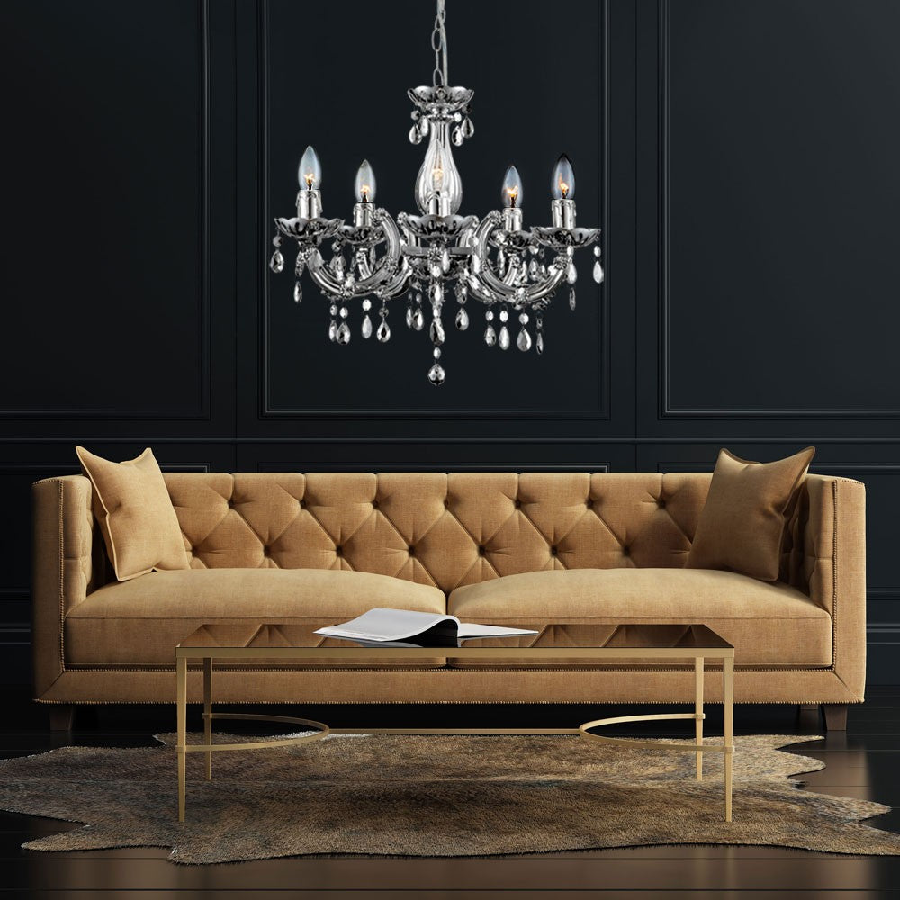 Maison Ornate LED Crystal Chandelier with Remote, Chrome design, elegantly detailed crystal accents.