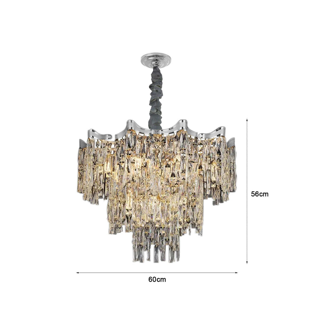 Chrome chandelier with cascading glass prisms, dimmable LED, 56cm x 60cm, silver mount.