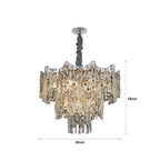 Chrome chandelier with cascading glass prisms, dimmable LED, 56cm x 60cm, silver mount.