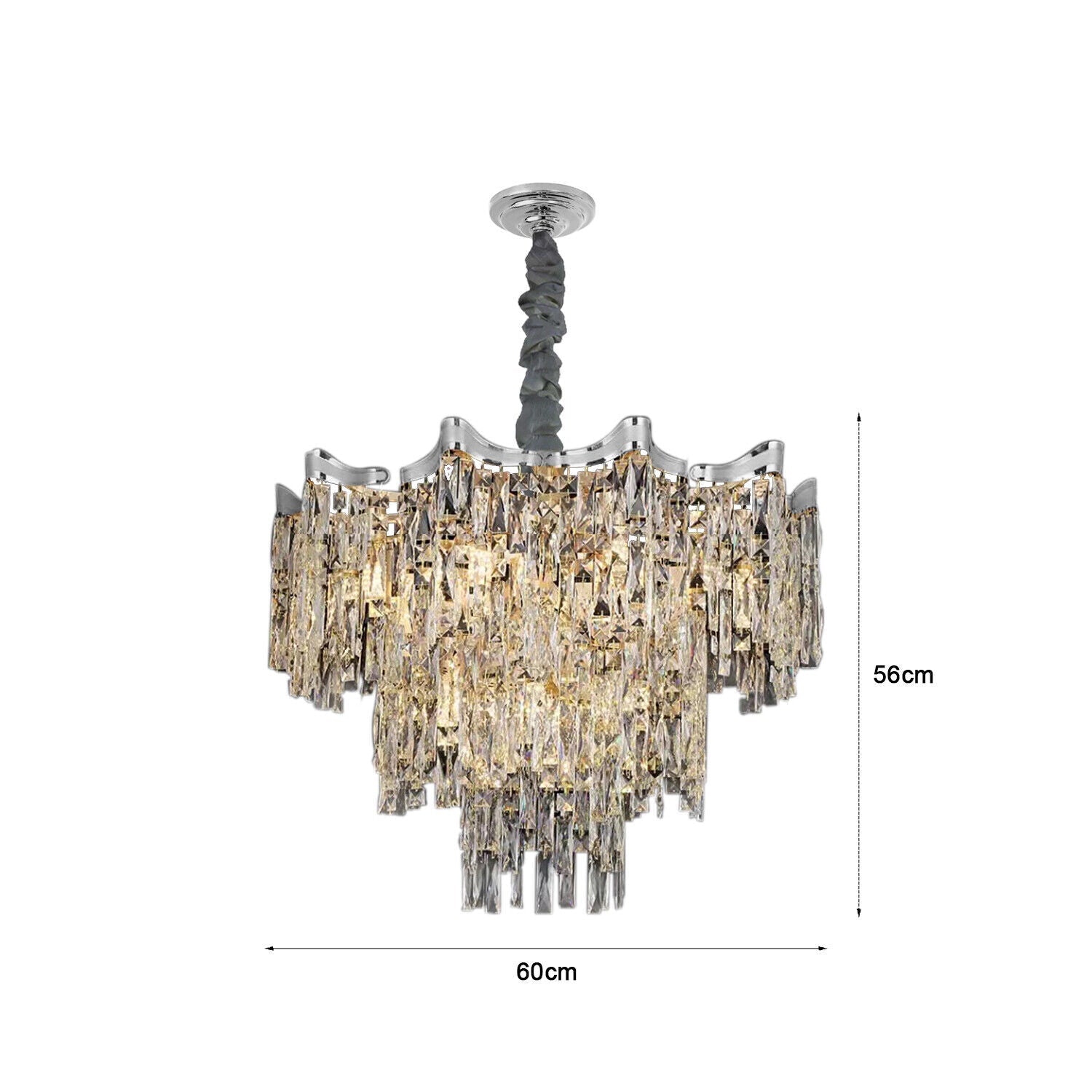 Chrome chandelier with cascading glass prisms, dimmable LED, 56cm x 60cm, silver mount.