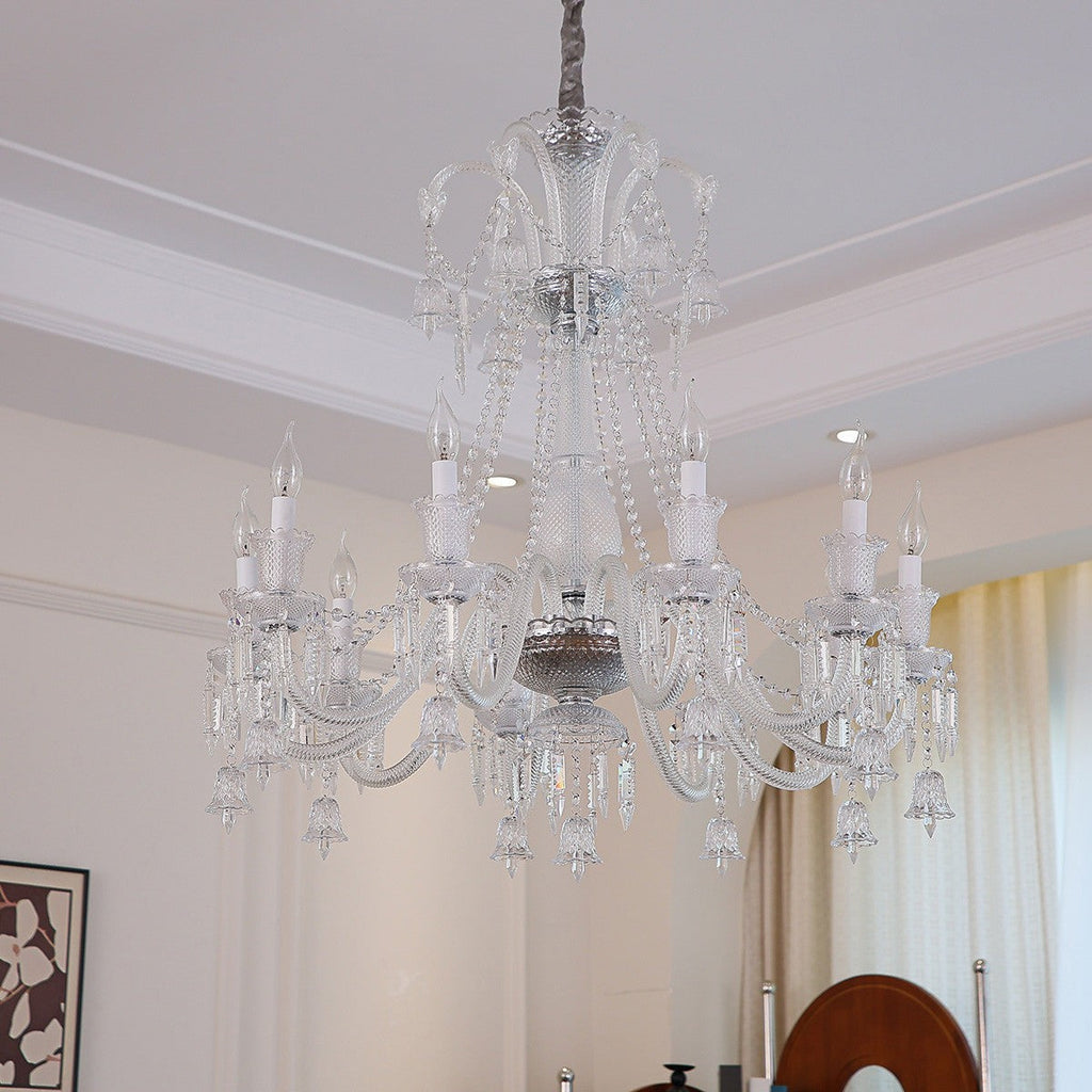 Maison Ornate Crystal Chandelier with transparent arms, E14 candle lights, and elegant crystal detailing.