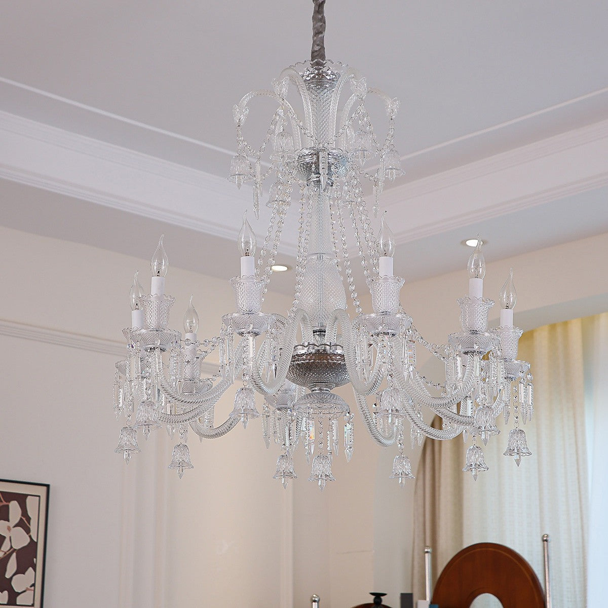 Maison Ornate Crystal Chandelier with transparent arms, E14 candle lights, and elegant crystal detailing.