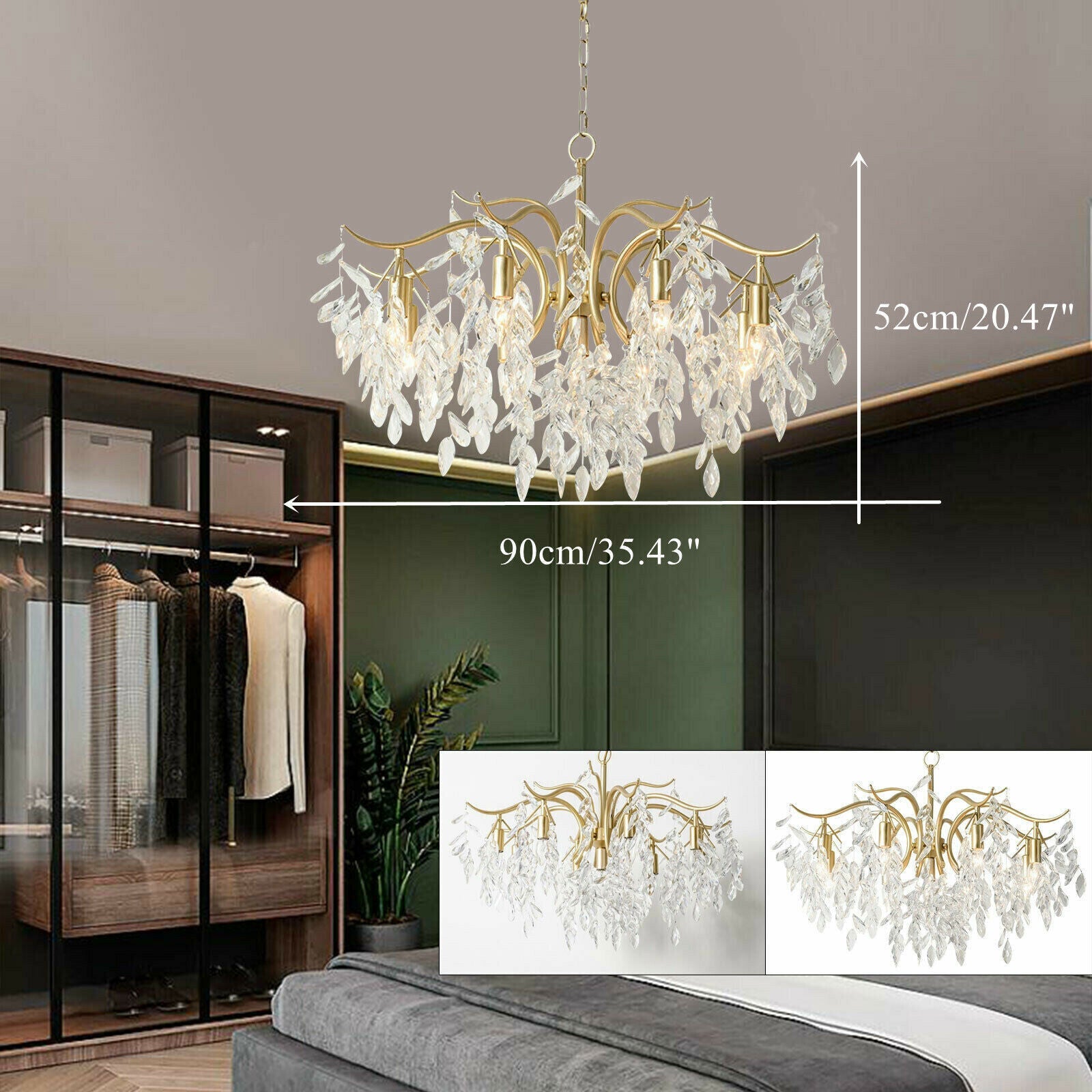 Maison Ornate 8-arm gold crystal chandelier, 90cm x 52cm, shown in two additional angle views.