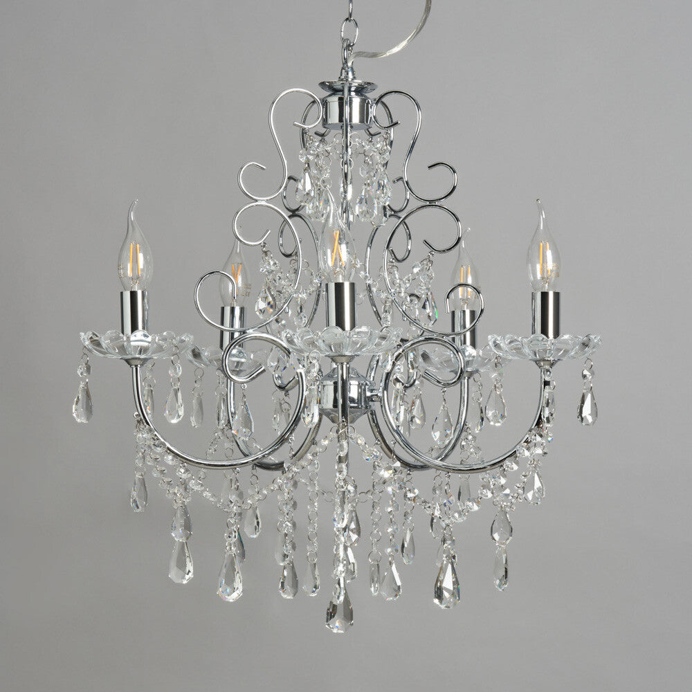 Maison Ornate Antique Crystal Chandelier with five candle-style lights, polished chrome arms, hanging crystals.