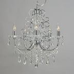 Maison Ornate Antique Crystal Chandelier with five candle-style lights, polished chrome arms, hanging crystals.