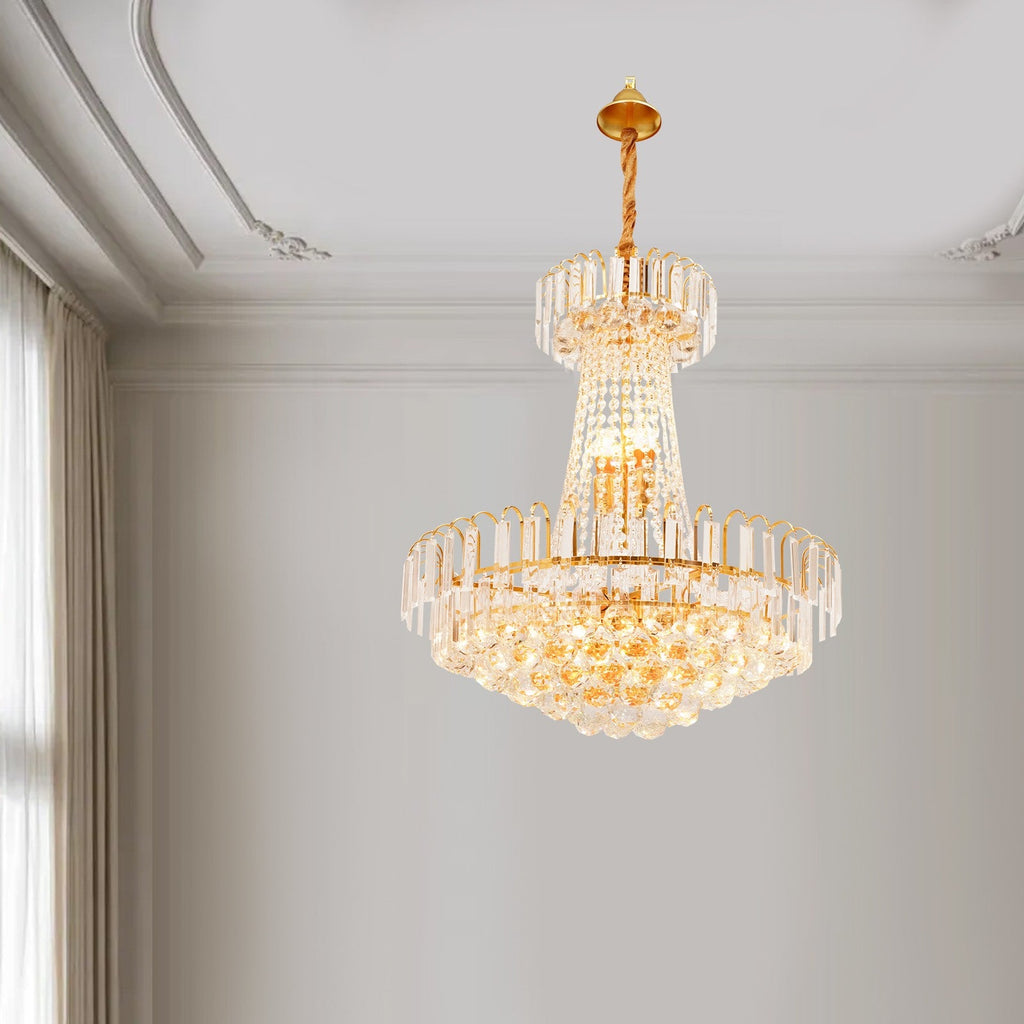 Empire Style Gold Tassel Crystal Chandelier by Maison Ornate with ornate gold detailing and crystal accents.