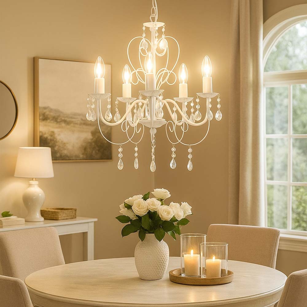 Elegant white metallic crystal chandelier with five arms by Maison Ornate, sparkling and ornate design.